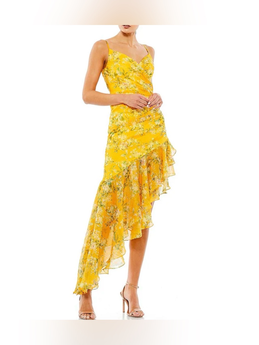 Mac Duggal Floral Chiffon V-Neck Sleeveless Asymmetrical Ruffle Hem Dress Size 6